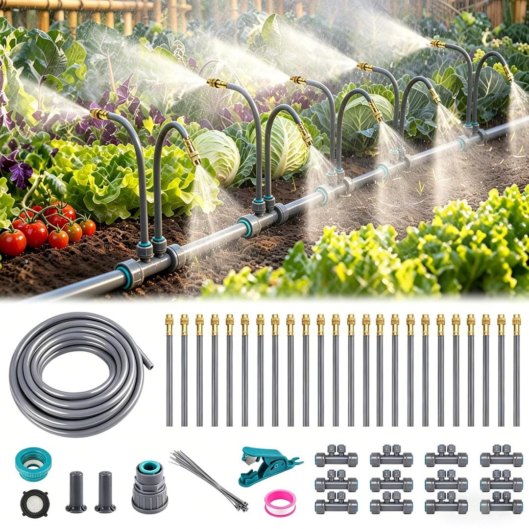 39 FT Drip Irrigation System - Double-Head 360 Adjustable Garden Watering System with 24 Spray Nozzles, Garden Atomizing Misting System & Irrigation System for Garden, Greenhouse, Yard, Lawn, Plants