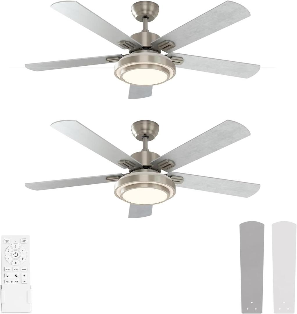 warmiplanet Ceiling Fans with Lights and Remote Control, 52 Inch, 6 Speeds Reversible DC Motor, 3 Color Dimmable Light, Timer, Noiseless, Brushed Nickel, 5 Blades, 2 Pack