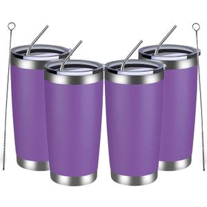 MEWAY 20oz Tumbler 4 Pack Double Wall Vacuum Insulated Travel Mug Bulk, Stainless Steel Tumblers with Lid and Straw, Durable Powder Coated Coffee Cups for Cold & Hot Drinks (Purple, 4)