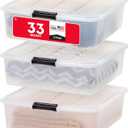 IRIS USA 33 Qt Plastic Under Bed Storage Organizer Bin Container with Secure Lids and Durable Black Buckles, 3-Pack, Multi-Purpose for Clothes Shoes Clothing Bedding, Short, Clear