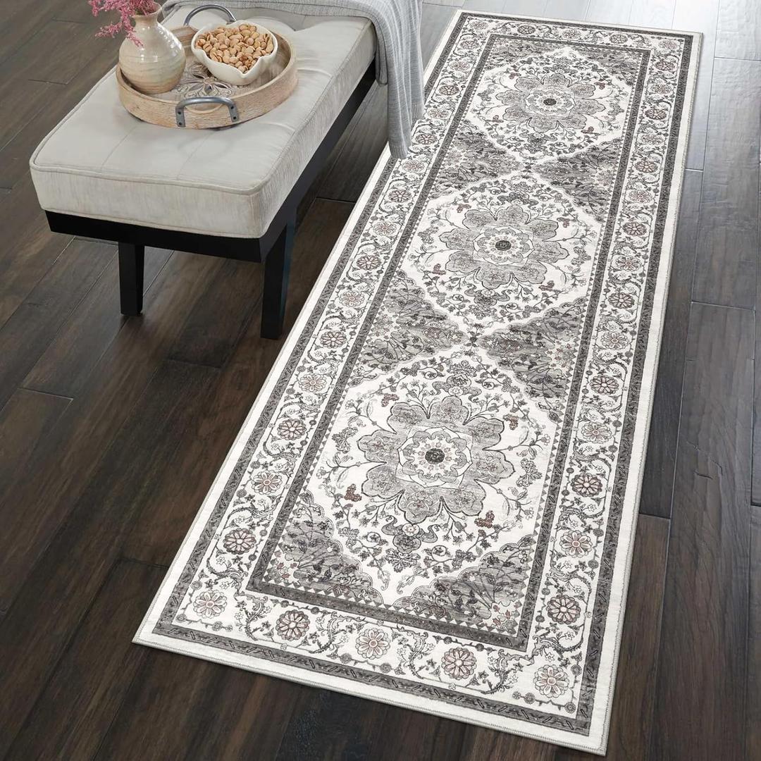 Ileading Vintage Runner Rug for Hallway,Machine Washable Carpet Runners with Rubber Backing,Non Slip Kitchen Floor Mat for Entryway Bedroom Laundry Living Room(Grey&Brown 2x6ft) (2' x 6' (Rectangular))