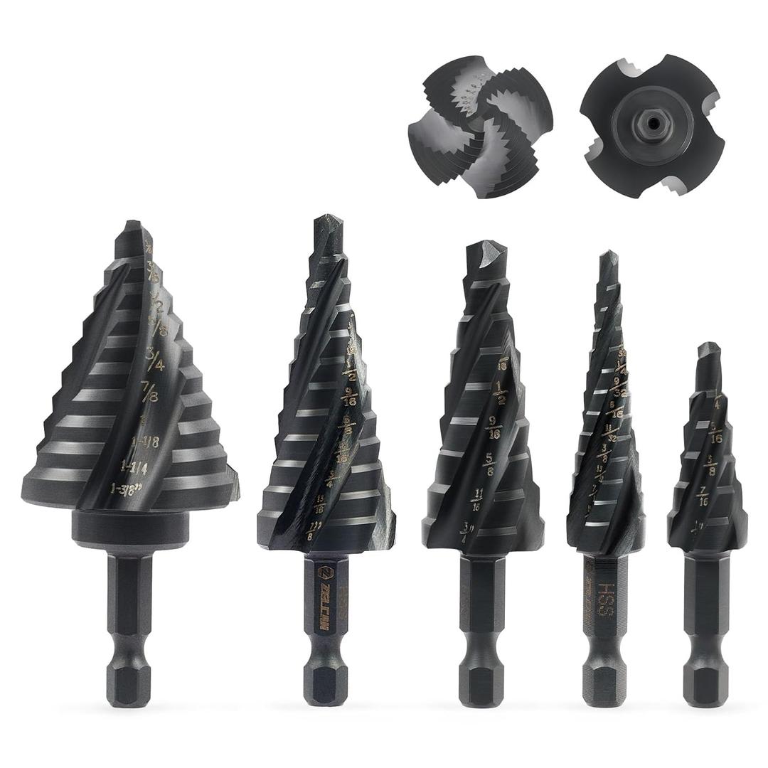 ZELCAN Step Drill Bit Set, 5PCS Four Spiral Flute Step Bits for Metal, 50 Sizes Titanium-Coated HSS Drill Bits with 1/4" Hex Shank for Stainless Steel Aluminum Wood Plastic