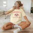 4th of July Shirts Women: USA Shirt American Flag T Shirt Bow Graphic Patriotic Short Sleeve Tee Tops (Beige, L)
