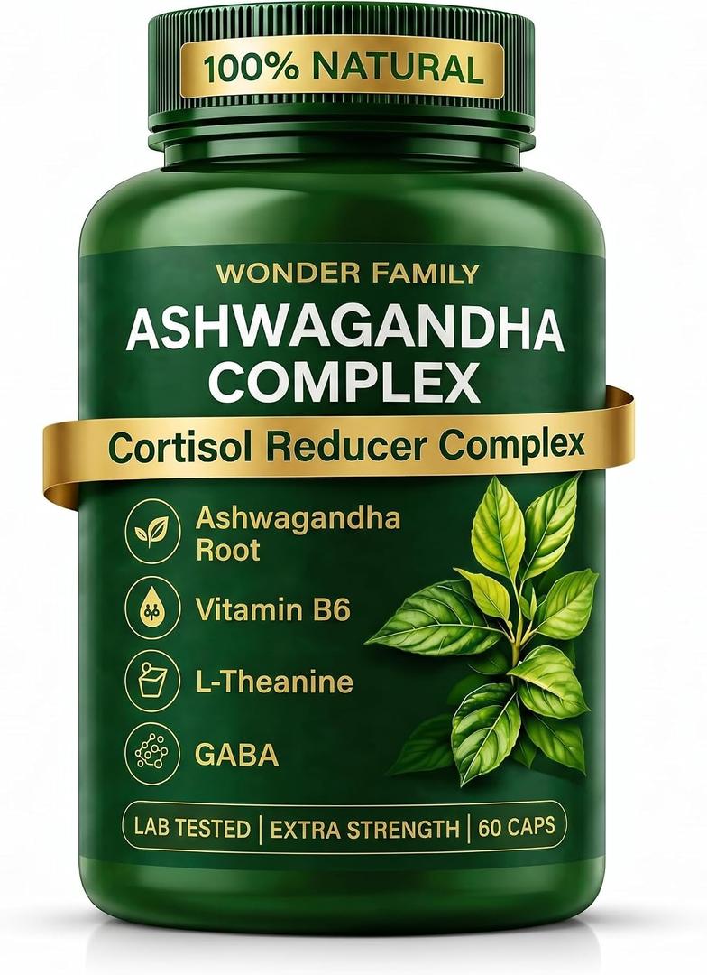 WONDER FAMILY Ashwagandha Complex Cortisol Reducer 800mg with GABA, L-Theanine & B6 400mg Ashwagandha per Day - Adaptogenic Support for Calm, Focus & Mood 60 Capsules Lab-Tested