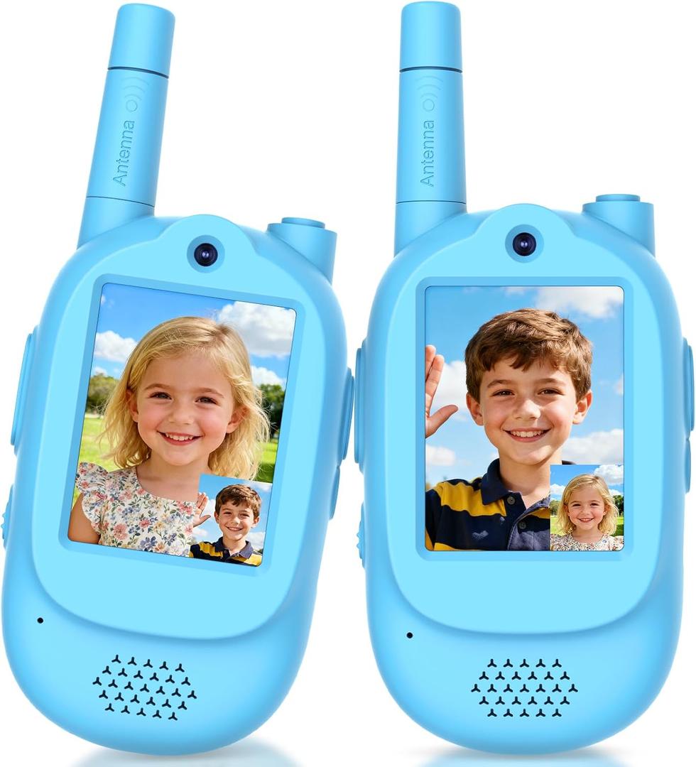 Video Walkie Talkies for Kids, 2 Pack Rechargeable HD Screen Walkies Talkies with 600 FT Outdoor Range, Voice Changer, Watch Straps & Lanyards Camping Trips Gift for Boys Girls Ages 3-12 (Blue)