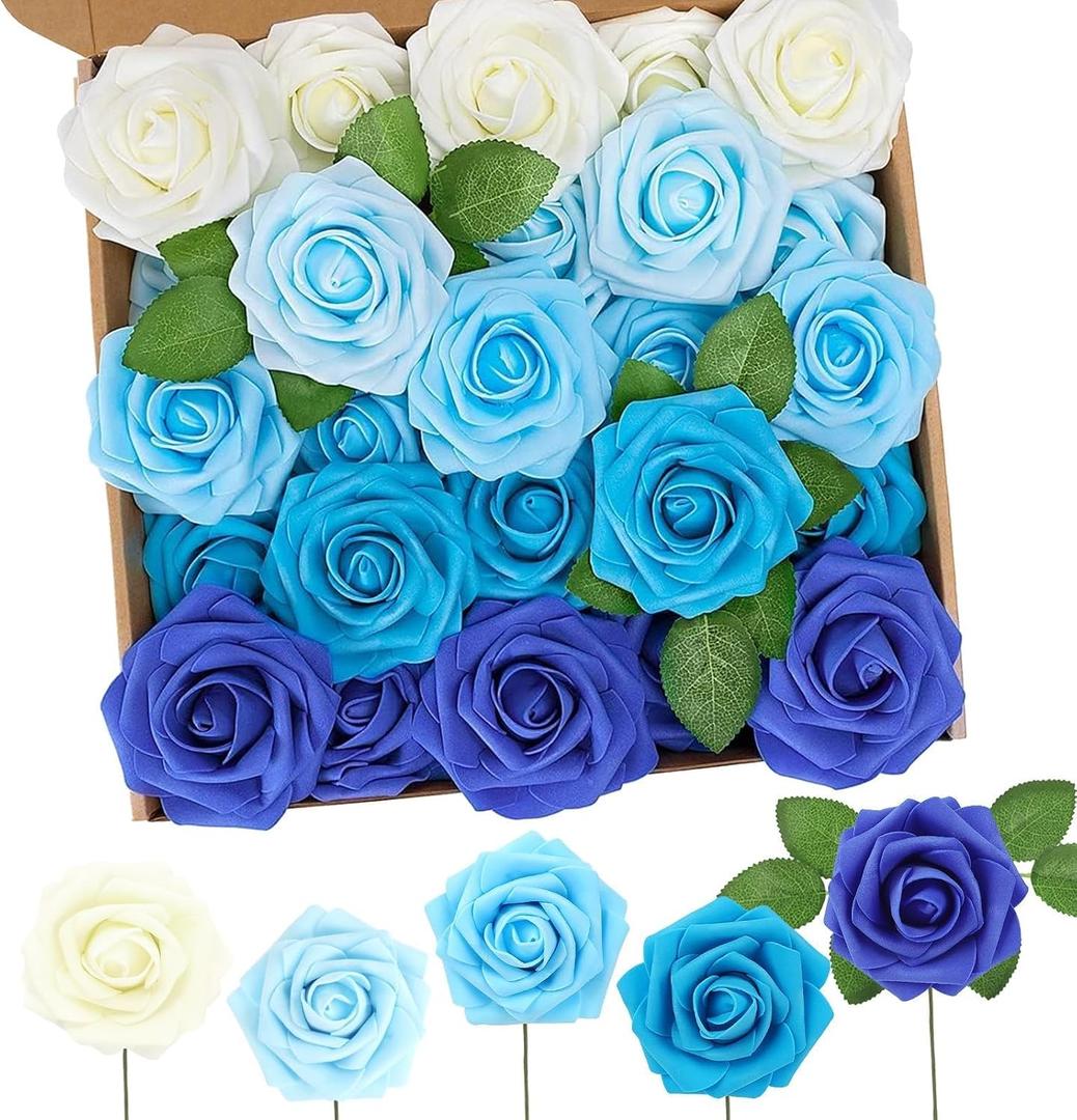 N&T NIETING Blue Roses Artificial Flowers, 50pcs Real Touch Fake Flowers Rose Perfect for DIY Wedding Bridesmaid Bridal Bouquets Centerpieces Home Flower Arrangement Decoration, Series Blue