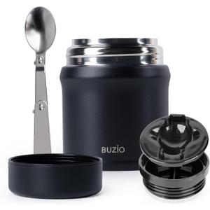 BUZIO Kids Food Jar 10 oz, Stainless Steel Lunch Container for Hot & Cold Food, Leak Proof Food Jar with Folding Spoon for School Office Travel, Black