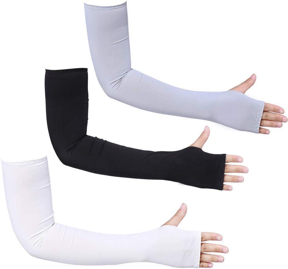 Bacophy 3 Pairs Arm Sleeves with Thumb Holes Women Men UV Protection Cooling, UPF 50 Compression Long Arm Cover (3-pairs Black+white+grey)