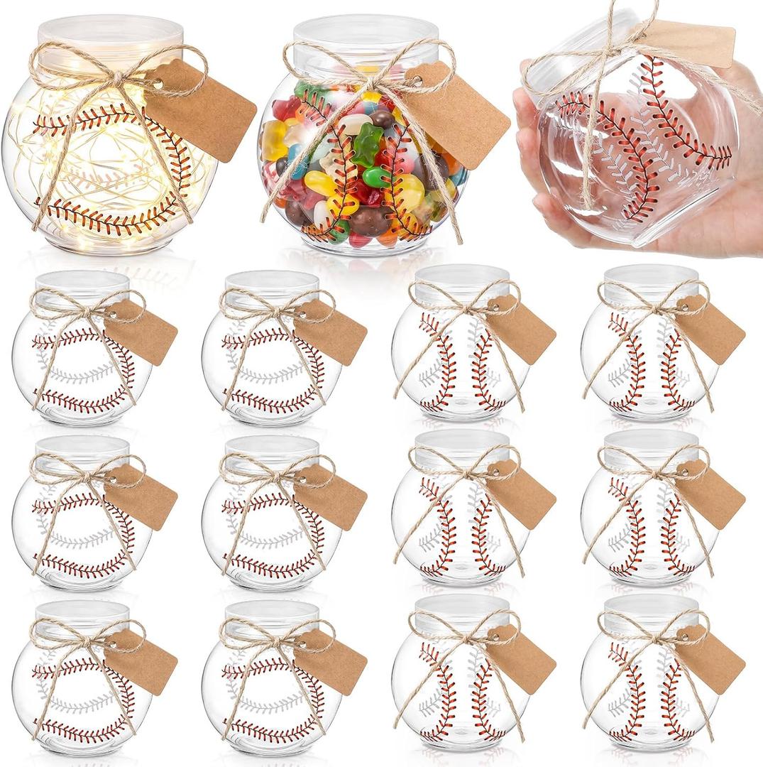 12 Sets Baseball Party Favors Baseball Round Jar Decoration White Plastic Bottle with Cards Stickers Team Coach Player Gift Sport Party Favors Decoration (Red and White)