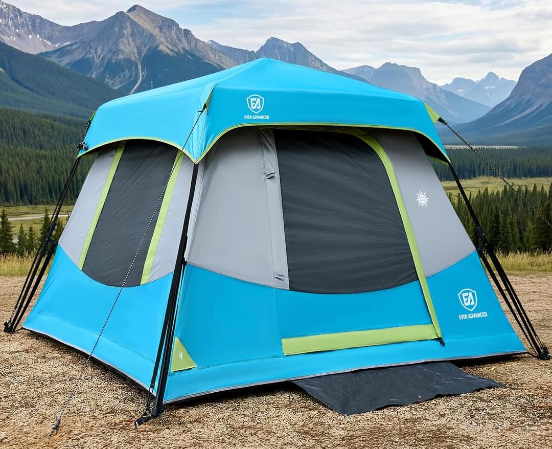 EVER ADVANCED 4 Person Blackout Camping Tent, 60s Easy Setup Instant Cabin Tent for Family, 4000mm Water-Resistant & UV Protection Light-Blocking Tent with Rainfly for Outdoor Travel, 8' x 7' x 59" (Blue)