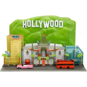 Jada Nano Hollywood Rides Walk of Fame Diorama w/ Hollywood Sign and 2 Vehicles (Double-Decker Tour Bus & 1958 Cadillac Series 62 Convertible), Toys for Kids and Adults