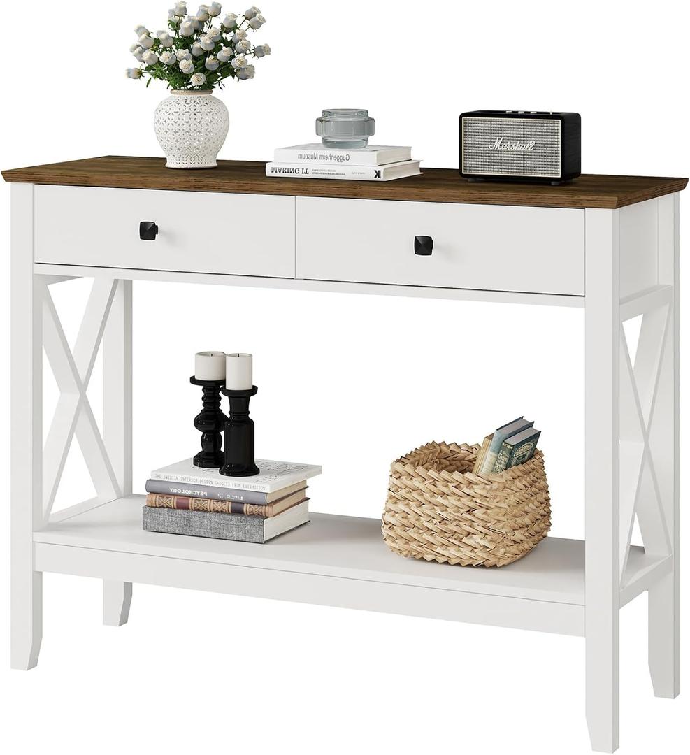Lomojo Console Table,Sofa Table 13.8" D x 39.37" W x 31.5" HEntryway Table with 2 Drawers Storage Shelve Foyer Table for Entryway Farmhouse Hallway Tables (White), 39.4 Inches X 13.8 Inches X 31.5 Inches