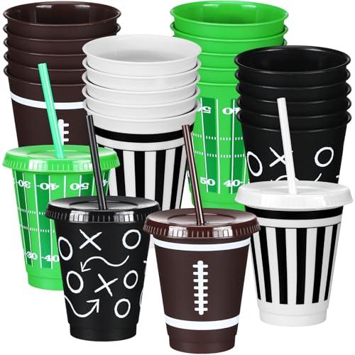 Havawish 24 Pcs Bulk Reusable Football Cups with Lids and Straws 16 oz Plastic Football Tumblers Ball Drink Cup for Sport Birthday Party Supplies Decorations in 4 Designs