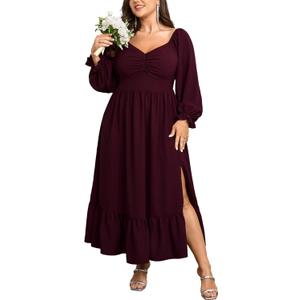 SCOMCHIC Womens Plus Size Wedding Guest Cocktail Dress Sweetheart Neckline Long Sleeve Smocked Ruffle Slit Maxi Dresses (Burgundy). XL Size