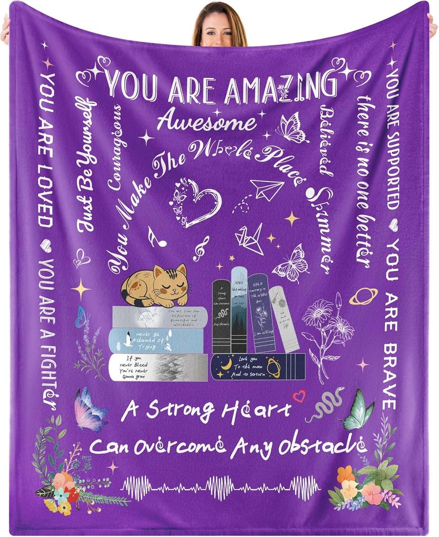 Purple Encouragement Throw Blanket Birthday Gifts for Women 52'' x 60'',Hug Get Well Blanket with Words of Affirmation Inspirational Positive Thoughts and Quotes for Sister Friend,Grandma