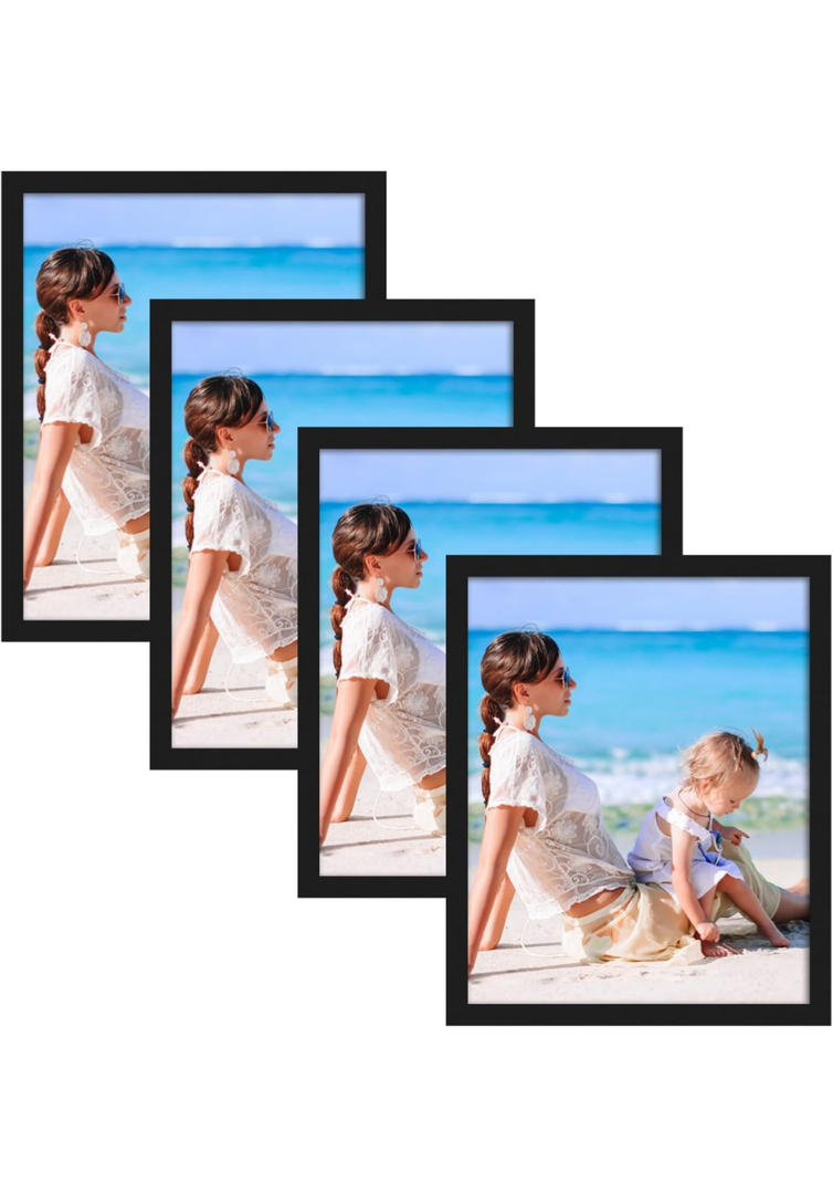Picture Frame Set of 4, Natural Wood Photo Frame Display Pictures with Plexiglass for Tabletop Horizontal or Vertical Display (Black 27*18 cm)