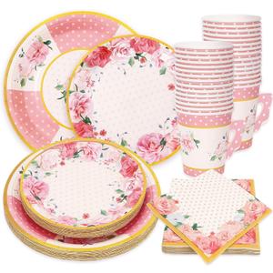 JarThenaAMCS Spring Mother's Day Floral Tea Party Supplies Serve 24 Pink Flower Disposable Paper 7 & 9 Inch Plates Napkins 9oz Teacup with Handle Total 120 Pcs for Wedding Bridal Shower Dinnerware