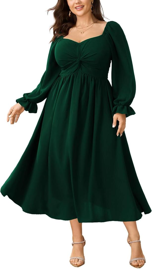SCOMCHIC Women's Plus Size Wedding Guest Cocktail Dresses Fall Sweetheart Neckline Long Sleeve A Line Formal Maxi Dress (Green, XXXL)