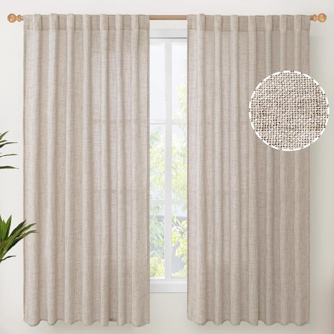 YoungsTex Natural Linen Curtains 60 Inch Wide Back Tab Textured Window Drapes 63 Inch Window Length for Living Room Light Filtering, 2 Panels
