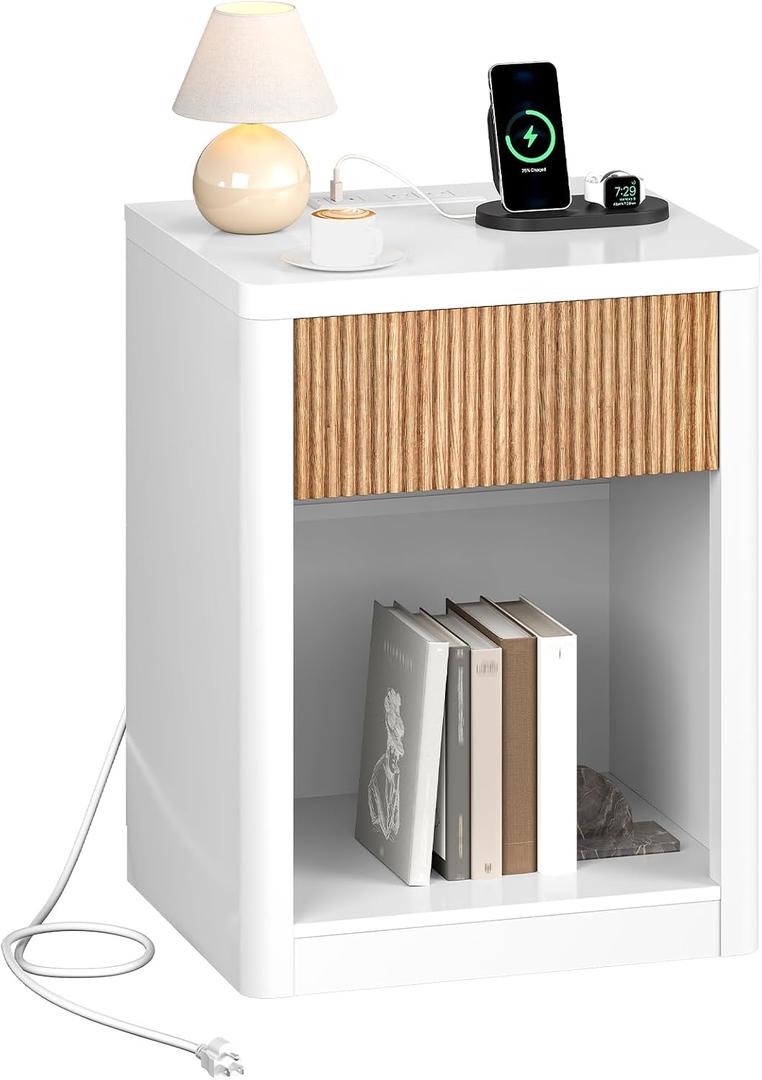 CHOEZON Fluted Nightstand with Charging Station, White and Natural, 15.7"D x 18.9"W x 24.2"H
