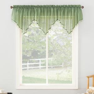 Erica 3-Pack Crushed Texture Sheer Voile Beaded Ascot Curtain Valance, Sage Green, 51" W x 24" L (Pack of 3)