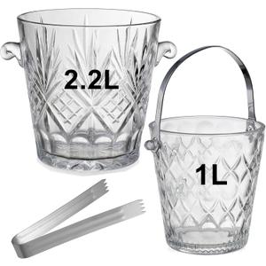 2-Piece Clear Glass Ice Bucket Set with Ice Tongs & Handle - 2.2 Liter and 1Liter Portable Ice Buckets Container for Champagne, Wine, Beer and Cocktail at Parties, Home Bar or Luxury Hotels