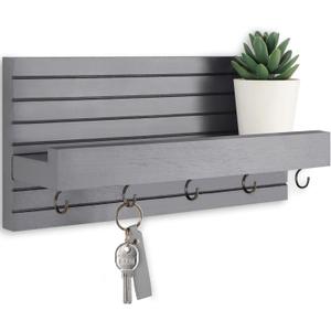 Lwenki Decorative Key Holder for Wall with Shelf, Entryway Shelf with Hooks Holds Leashes, Jackets and Glasses Sturdy Wood Keyholder Entrance Hanger with Mounting Hardware (Gray, Medium)
