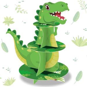 Censen 3 Tier Dinosaur Cupcake Stand Party Decorations Dinosaur Theme Cupcake Holder Decorations Dino Dessert Tower for Kids Jungle Dino Theme Party Birthday Supplies (Lovely)