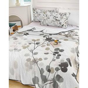 Quilt King Set, Gray Brown Botanical Watercolor Summer Bedding Sets Lightweight Bedspread Coverlet Set, Retro Country Floral Leaves 3 Pieces Comforter Bedding Set(1 Quilt, 2 Pillow Shams)