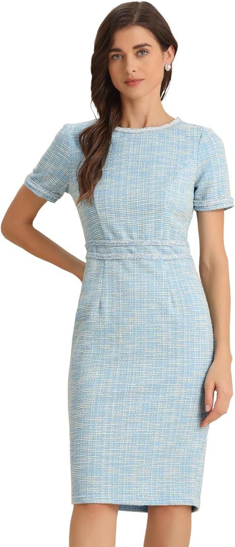 Allegra K Tweed Dress for Women's Crew Neck Wear to Work Office Bodycon Pencil Midi Dress (Blue, XS)