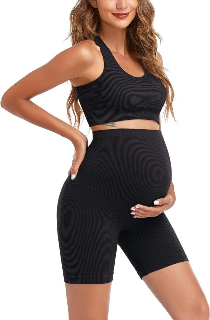 Women's Maternity 2 Piece Outfit Set - Bra & Shorts for Pregnancy - Yoga workout Lounge Wear Sets (Black1), S
