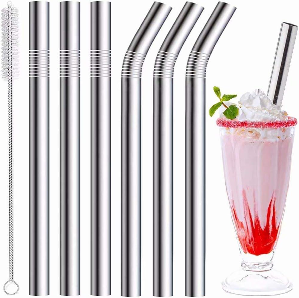 Vinaco Stainless Steel Smoothie Straws, 0.4'' Extra Wide Reusable Metal Drinking Straws for Milkshake, Smoothie, Beverage, Set of 6 with 1 Cleaning Brush (3pcs 10.5'' Bent |3pcs 8.5'' Straight) (Silver)