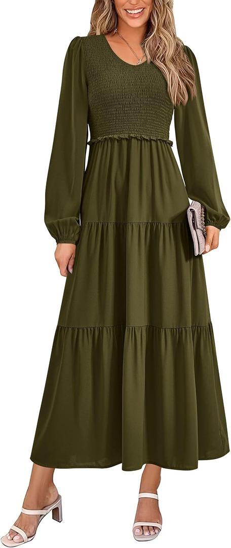 PRETTYGARDEN Fall Dresses for Women 2025 Casual Long Sleeve V Neck Smocked A Line Long Flowy Wedding Guest Dress (Black, XL)