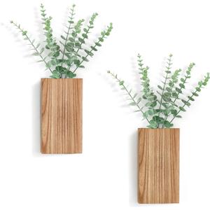 Dahey 2 Pack Wood Wall Planter Vase with Artificial Eucalyptus Farmhouse Wall Hanging Decor Pocket Planter for Indoor Fake Plants Greenery Flowers, livingroom Bedroom Kitchen Home Office Decoration (Medium, Natural)