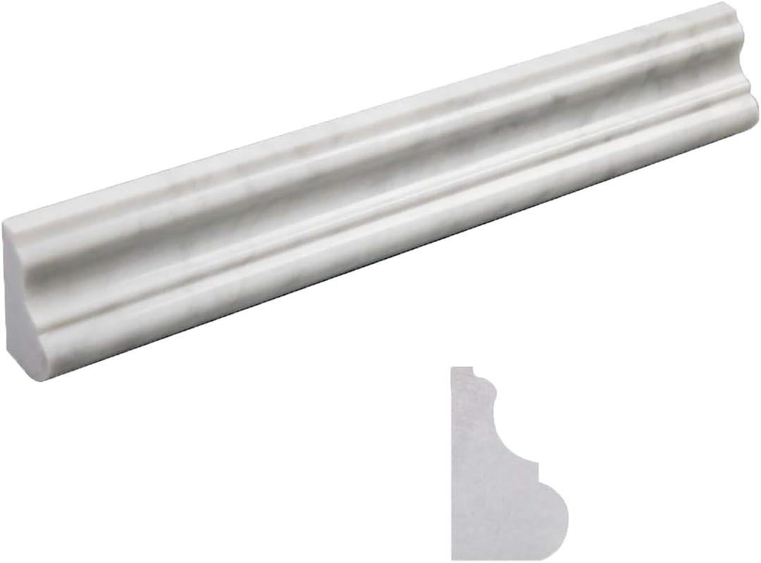 Carrara White Marble Chair Rail Trim Molding, 2x12 Inch Polished for Bathroom Kitchen Shower Walls 8 Pcs/Box