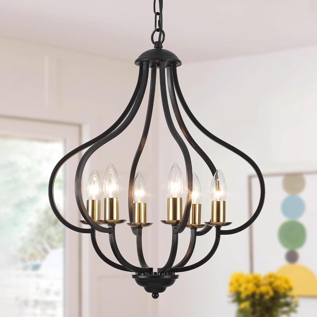 6 Lights Black Farmhouse Chandelier for Dining Room, Vintage Pendant Light Fixture Adjustable Hanging for Kitchen Island Foyer Hallway, Regular 6-Lights