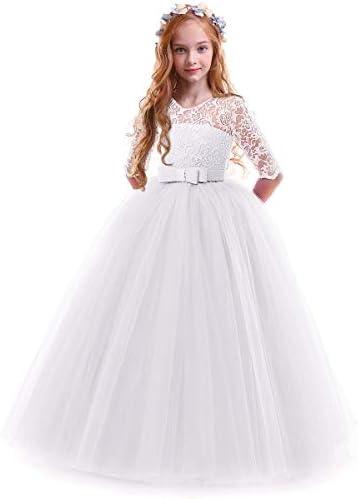 Girls Flower Vintage Floral Lace 3/4 Sleeves Floor Length Dress Wedding Party Evening Formal Pegeant Dance Gown 140 Size