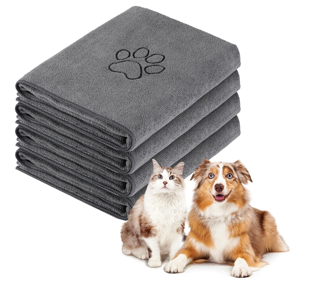 Chumia 4 Pack Dog Towels for Drying Large Microfiber Grooming Tools Absorbent Soft Bath Supplies with Embroidered Paw for Small Medium Pet Products(16 x 32 Inch,Gray)