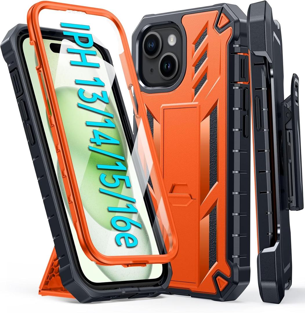 FNTCASE for iPhone 15 Phone Case: for iPhone 14 & 13 & 16e Case Military Shockproof Protective Rugged Cell Phone Cover with Kickstand & Belt-Clip Holster, Heavy Duty Hard Cases 5G - 6.1 Inch Orange