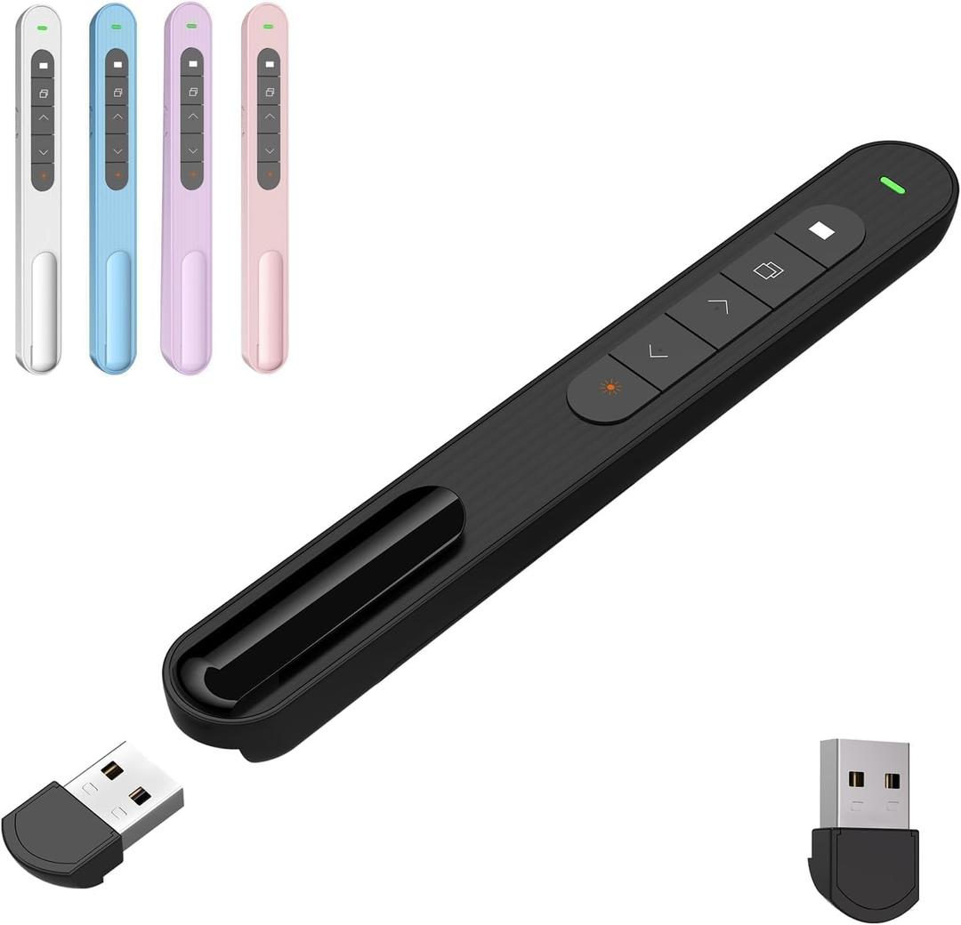 Presentation Clicker with Red Pointer Beam, 328ft Long-Range Wireless Presenter Remote with Magnetic USB Receiver, PowerPoint Clicker Compatible with Windows/Android/macOS/Linux, Black, USB A