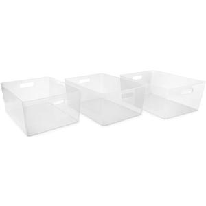 Isaac Jacobs 3-Pack XL Clear Storage Bin (13.9 x 10.6 x 5.75) Set w/Cut-Out Handles, Plastic Organizer, Multi-Use, Home, Office, Pantry, Closet, Kitchen