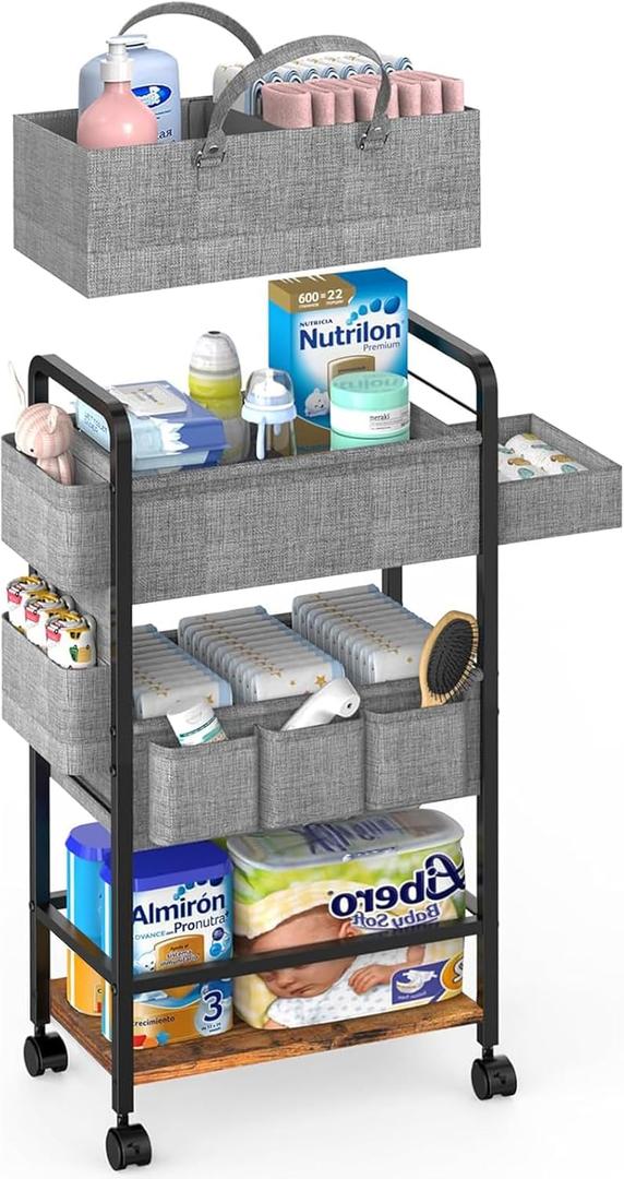 2In1 Baby Diaper Caddy & 4-Tier Rolling Diaper Cart, Diaper Caddy Organizer Cart with Dividers & Drawer, Mobile Metal Bedside Cart for Nursery Essentials Storage, Large Capacity