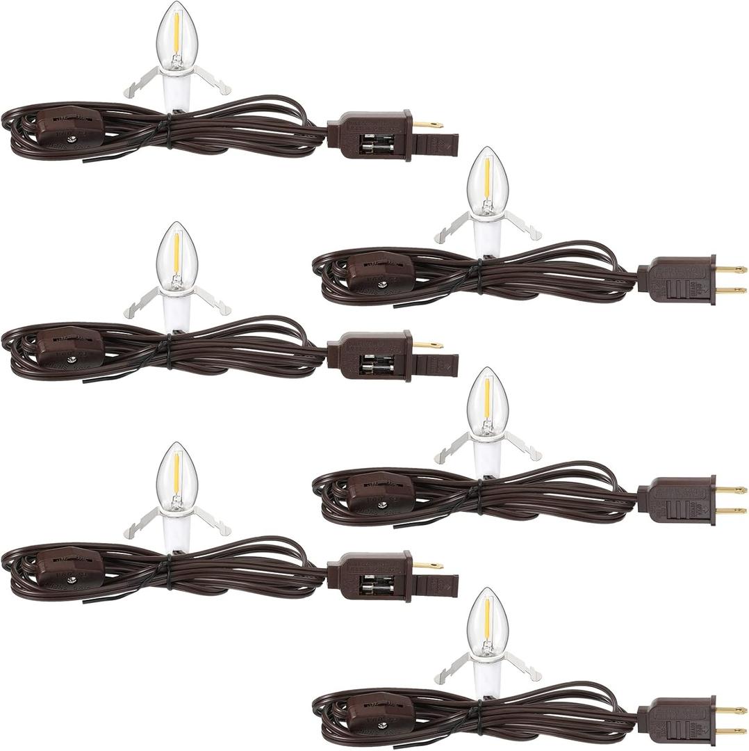 Macarrie 6 Pack Accessory Cord with One LED Light Bulb 6 ft Christmas Village Single Light Bulb Cord with On/Off Switch Plugs Lamp Replacement for Village House Craft Decorations, Brown