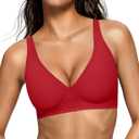 OEAK Womens Deep V Bras Wireless Comfortable Bra Supportive No Underwire Bras Tshirt Push Up Bralettes Plunge Seamless Bra (Medium, Red)