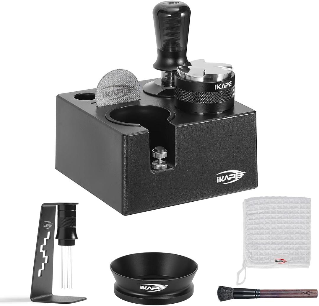 IKAPE 53MM Black Espresso Tool Set 8 IN 1, Coffee Tamper, Distributor, Magnetic Funnel, Puck Screen, Tamper Station, Stirrer Distribution Tool, Cleaning Towel and Brush