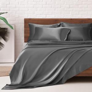 MR&HM Satin Bed Sheets, King Size Sheets Set, 6 Pcs Silky Bedding Set with 15 Inches Deep Pocket for Mattress (King, Dark Grey)