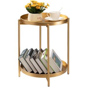 TeoKJ 2 Tier Gold Side Table, Folding Round Metal End Table Small Nightstand with Two Removable Tray for Bedroom Living Room Small Spaces Bedside Gold