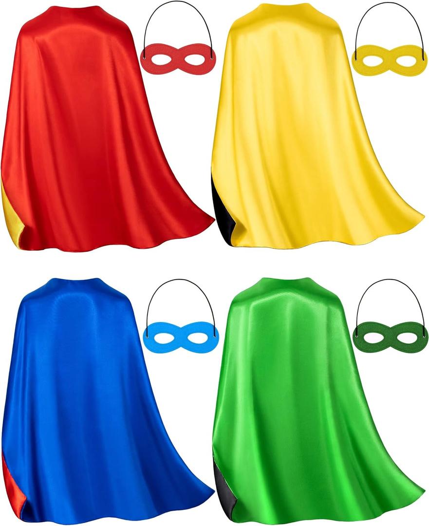 Double-Sided Superhero Capes and Masks for Kids - Perfect for Christmas, Halloween, Cosplay, and Parties (4 Colors Kits)