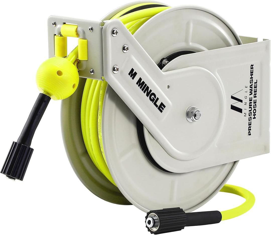 M MINGLE Retractable Pressure Washer Hose Reel, 1/4" 60ft Power Washer Hose Reel, Auto Rewind Hose Reel, Wall/Floor Mounted, 3600 PSI