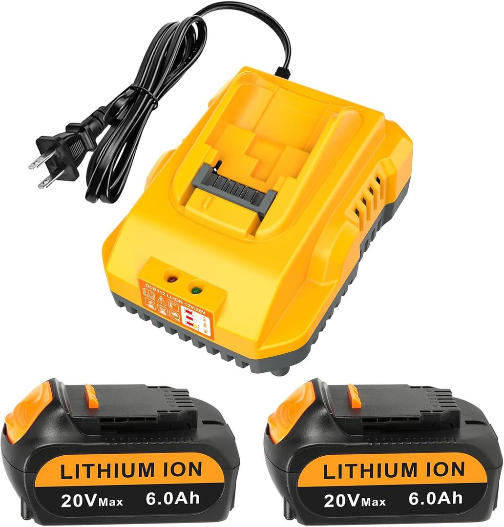 Upgraded 2Pack 6.0Ah Battery Replacement for Dewalt 20V Max Battery with DCB112 Battery Charger,Compatible with Dewalt 12V-20V Batteries
